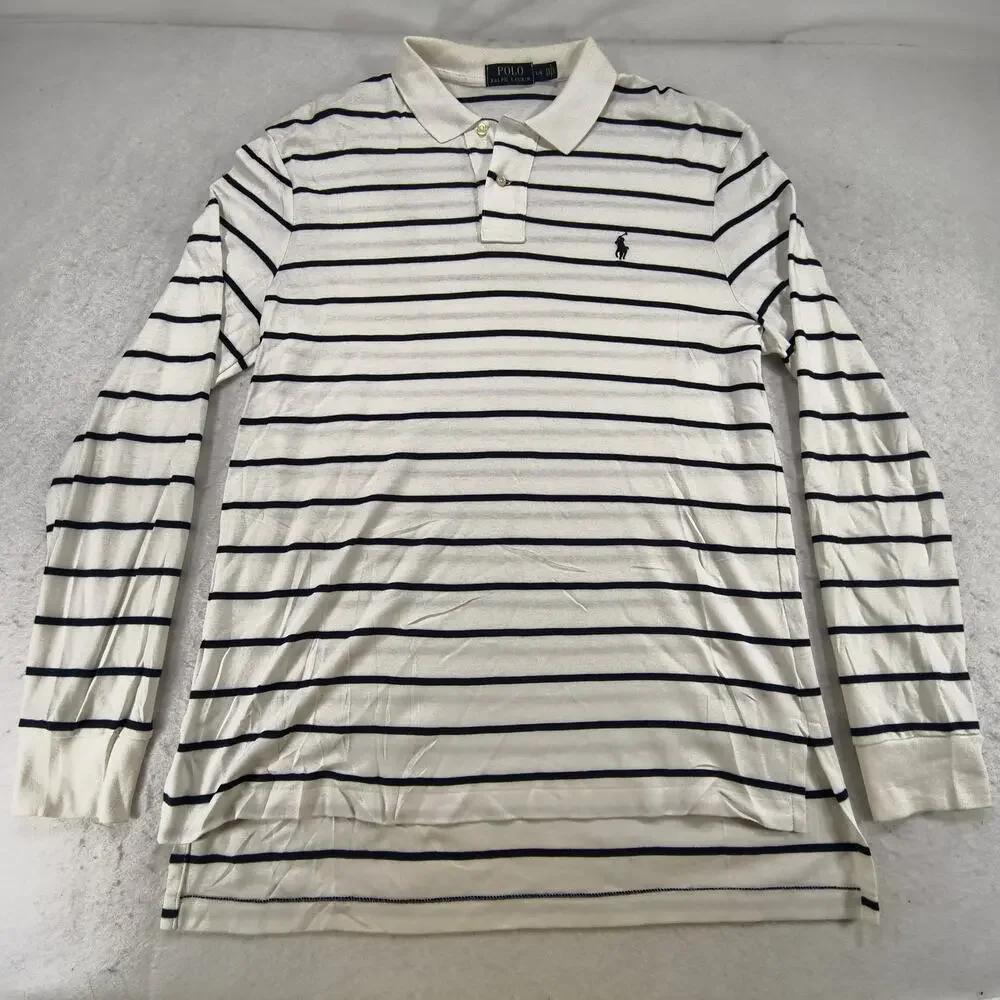 Polo Ralph Lauren Collared Long Sleeve Polo Shirt Mens Size Large L White Navy